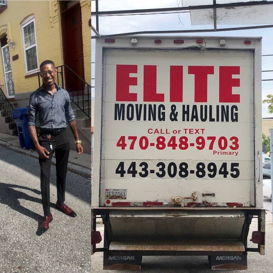 picture of the back of a moving truck, picture says elite moving and hauling 